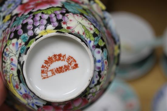 Six Chinese porcelain bowls, eight stands, three spoons and a candle holder, second half 20th century, largest bowl 10.2cm diameter